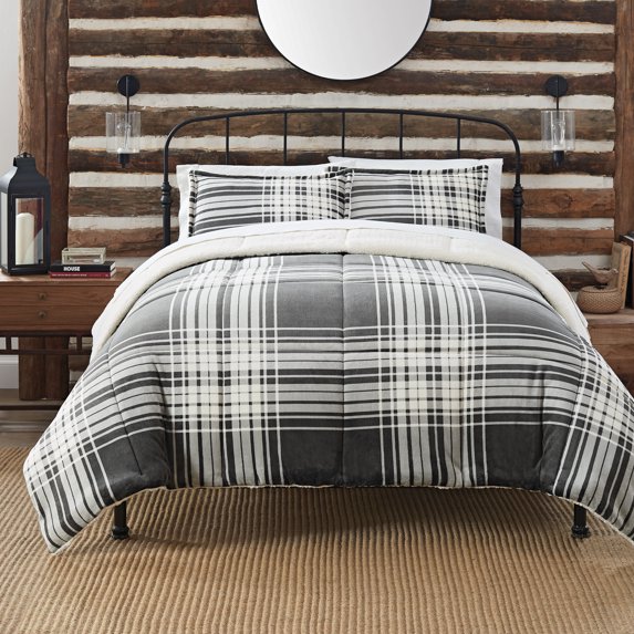 Serta Cozy Plush Plaid Polyester Reversible Comforter Set, King, Gray, 3-Pieces