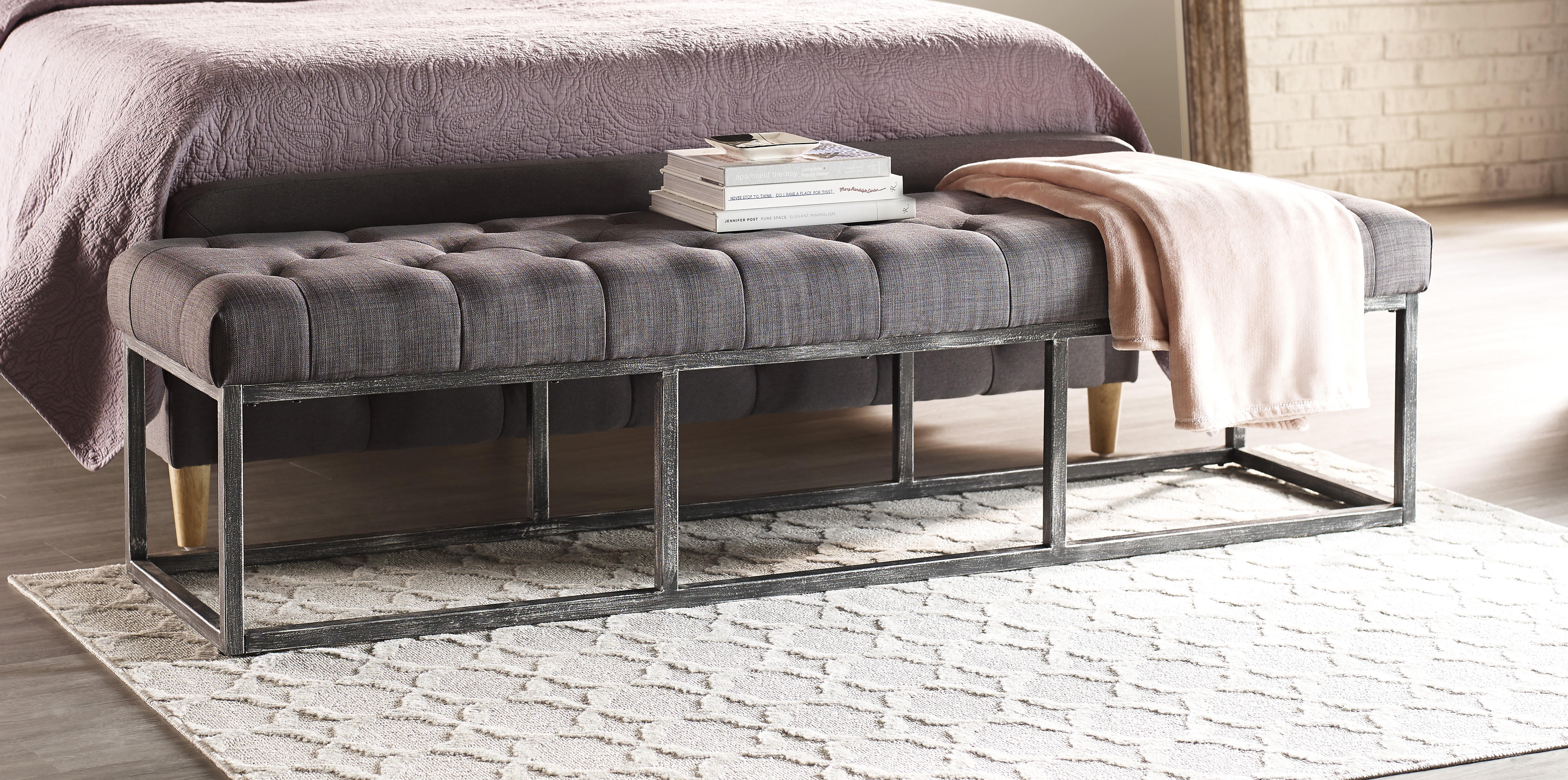 Midnight Charcoal Tufted Bench with Iron Legs, 72.5"