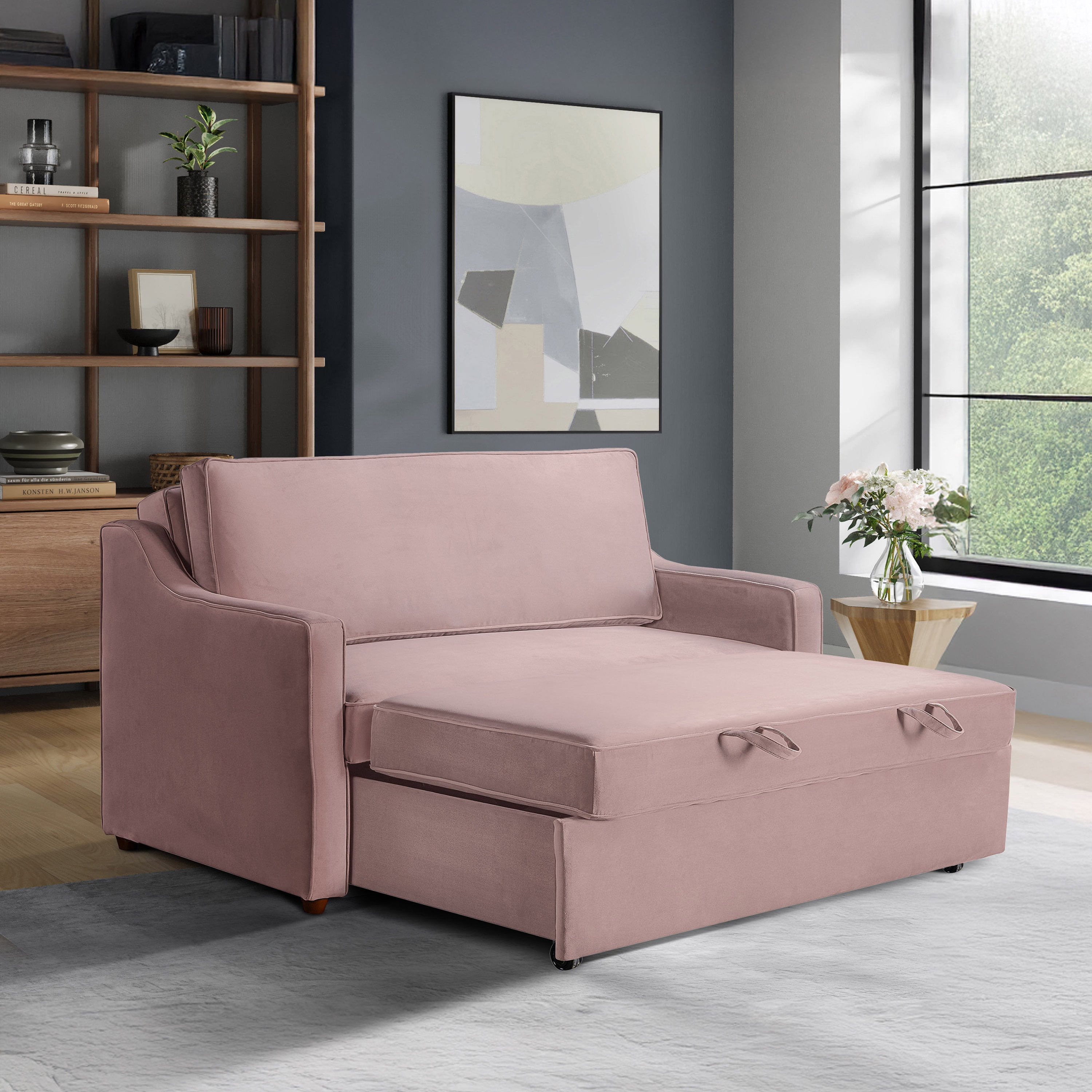 Mauve Velvet Full Sleeper Loveseat with Wood Legs