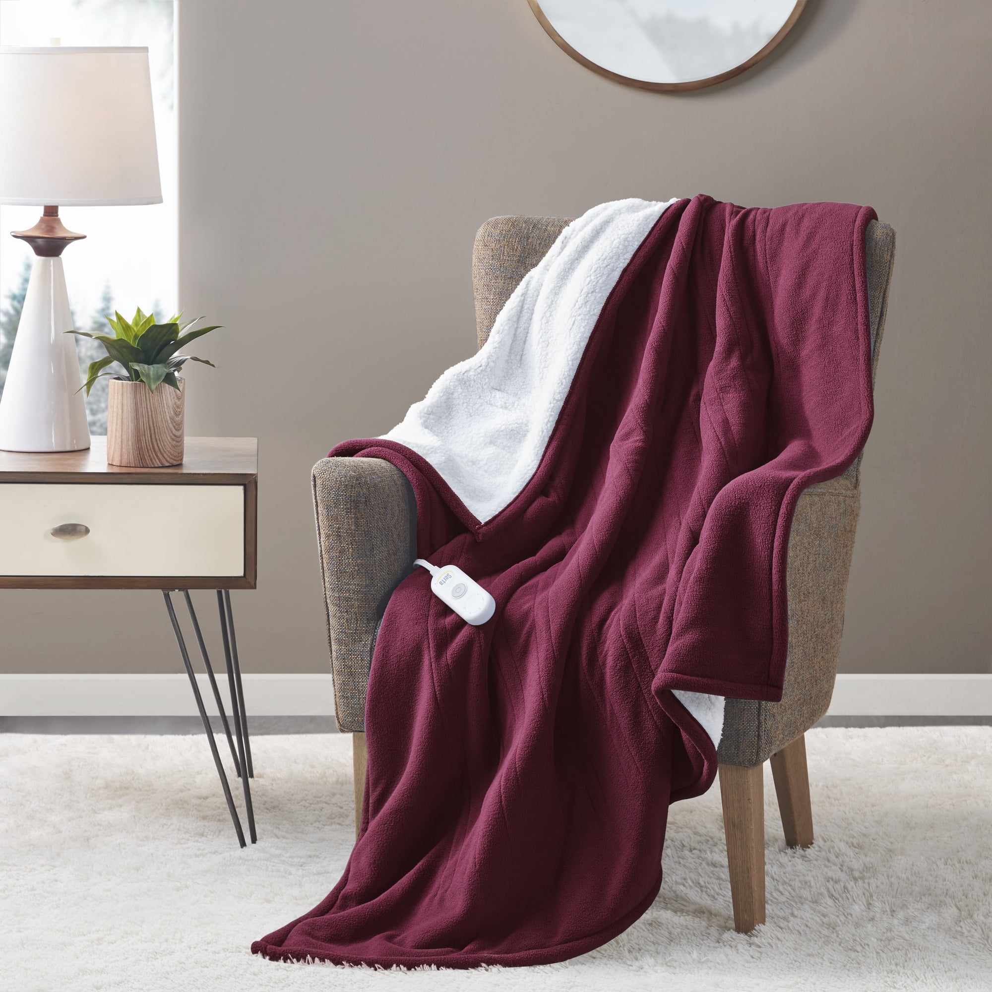 Burgundy Fleece and Sherpa Reversible Heated Throw, 50x60 inch