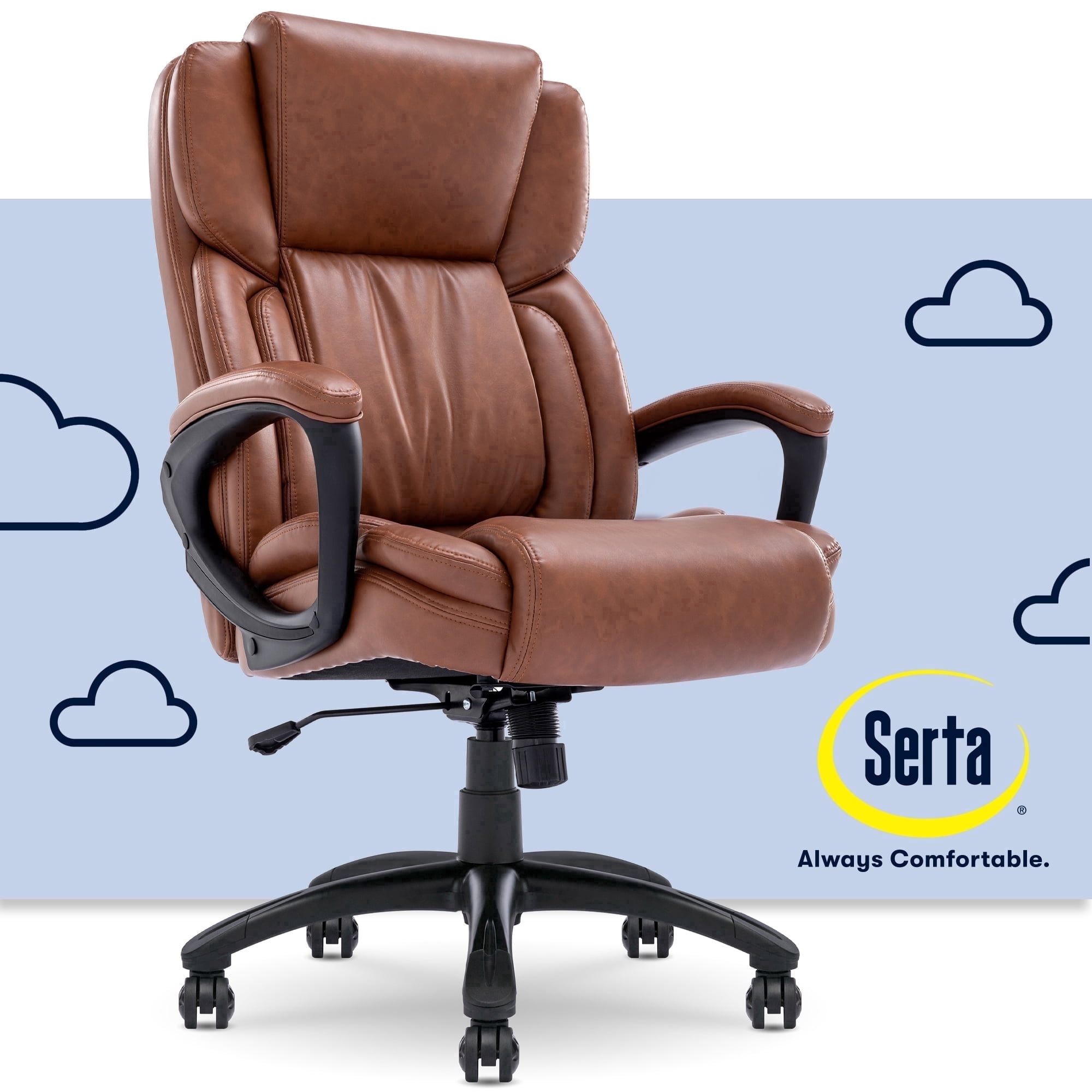 Serta Garret Executive Office Chair, Ergonomic Mid-Back with Lumbar Support, Bonded Leather, Cognac