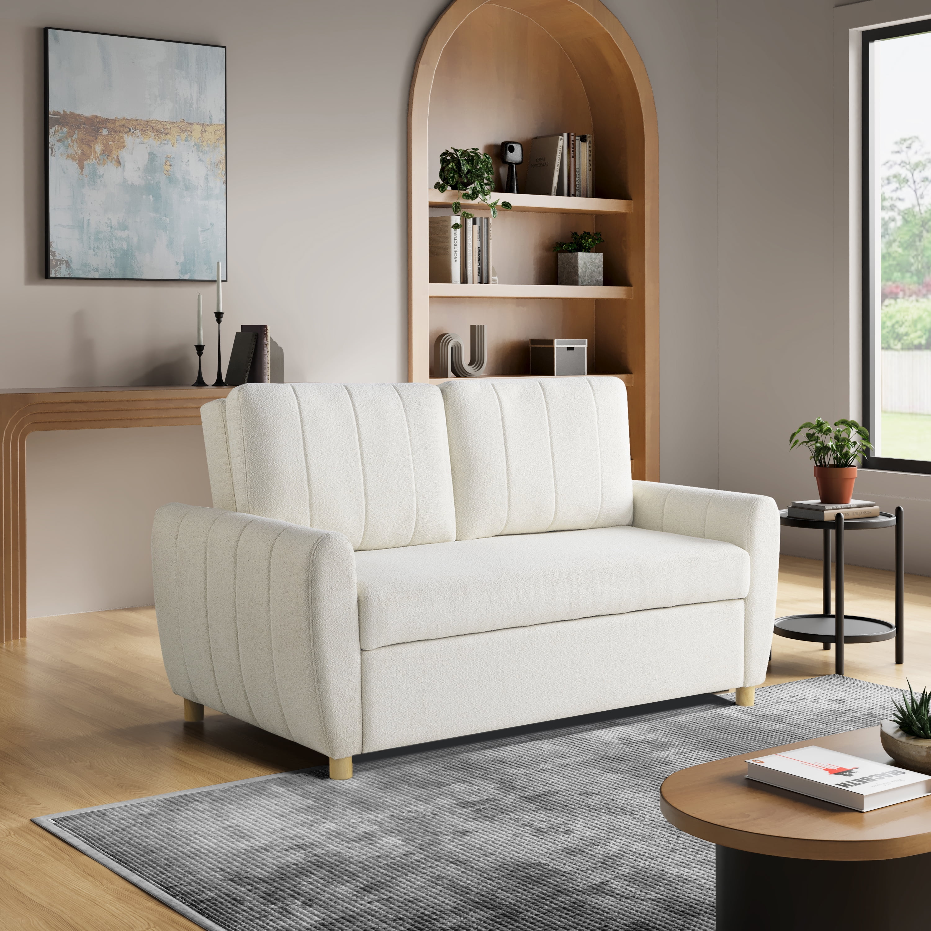 Serta Grant Scandinavian Convertible Loveseat with Full Size Sleeper, Ivory Boucle Fabric
