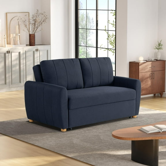 Serta Grant Scandinavian Convertible Loveseat with Full Size Sleeper, Navy Woven Fabric