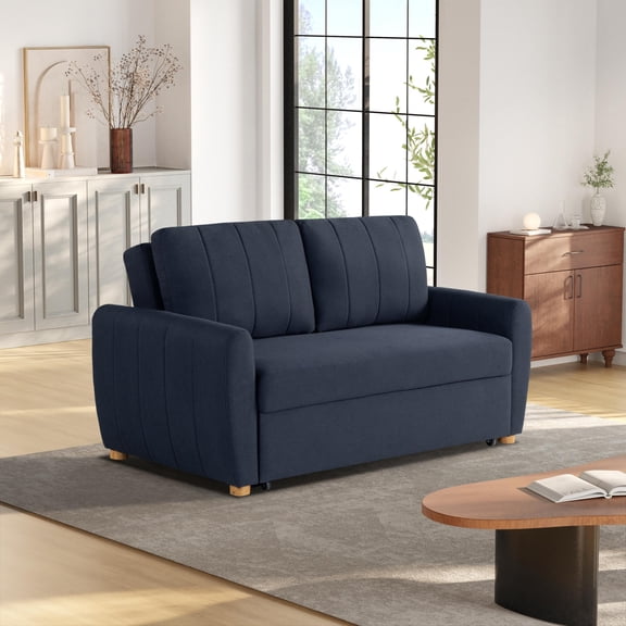 Serta Grant Scandinavian Convertible Loveseat with Full Size Sleeper, Navy Woven Fabric