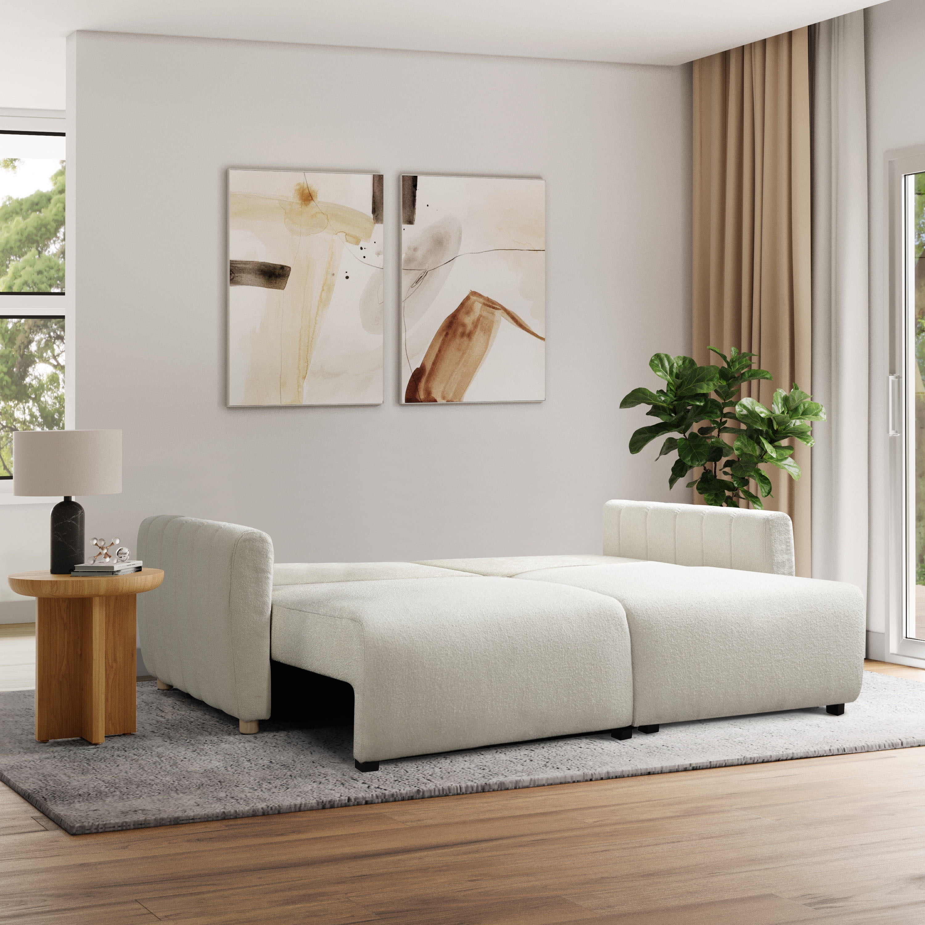 Ivory Boucle Tufted Queen Convertible Sleeper Sofa