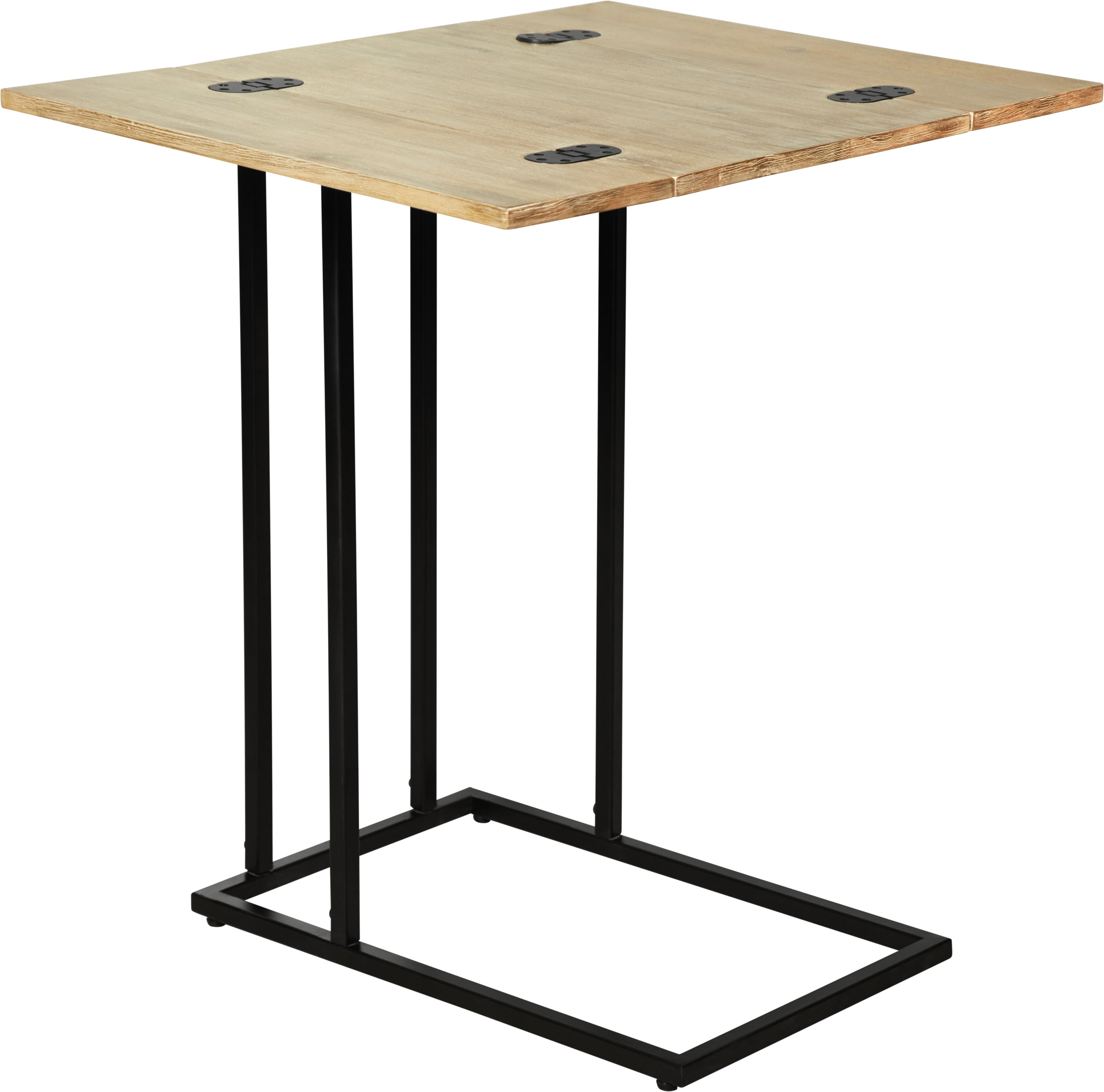 Expandable Natural Wood and Black Metal C-Shaped Side Table