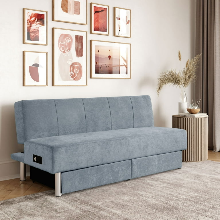 Serta Hathaway Modern Futon with Power and Storage Gray Fabric