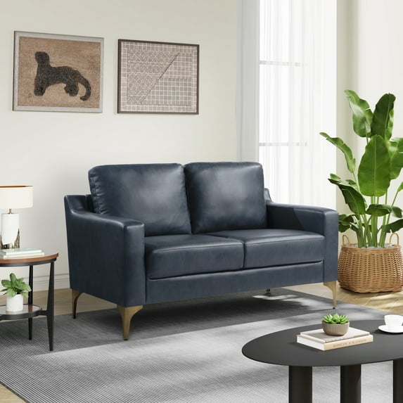 Serta Hemsworth Mid-Century Modern Style 2 Seater Indoor Loveseat, Navy Blue Leather