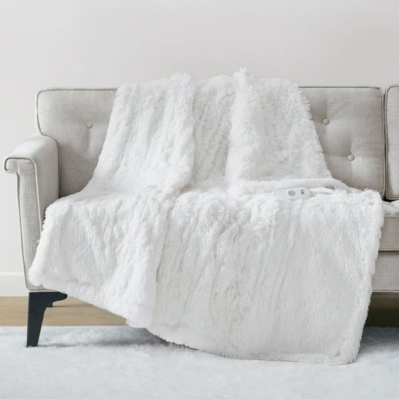 Serta Leena Shaggy Faux Fur Heated Throw Blanket, Electric Throw Blanket 50x60 inch, Ivory