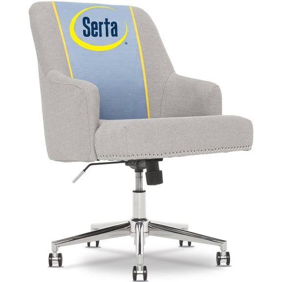 Serta Leighton Home Office Desk Chair, Stylish Mid-Back with Chrome Nailheads, Memory Foam Cushion and Padded Arms, Modern Vanity Armchair, Swivel Base, Twill Fabric, Light Gray