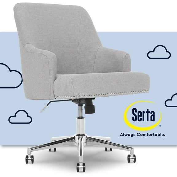 Serta Leighton Mid-Back Office Chair with Chrome Nailheads, Memory Foam Cushion, Padded Armrests, Light Gray