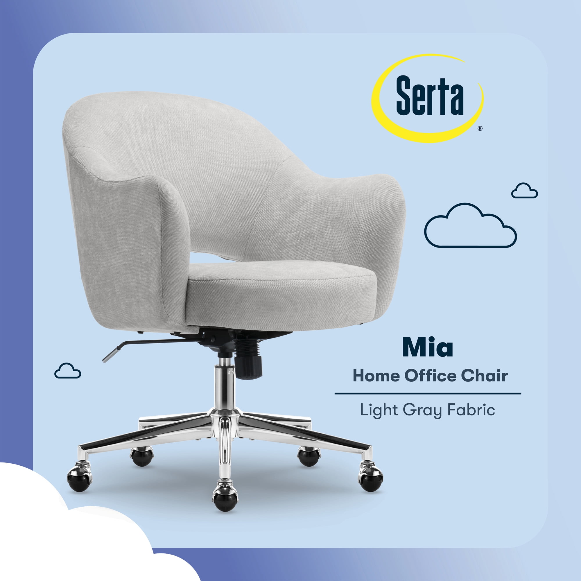 Serta Mia Modern Office Chair Velvet Upholstered Silver Metal Base Light Gray