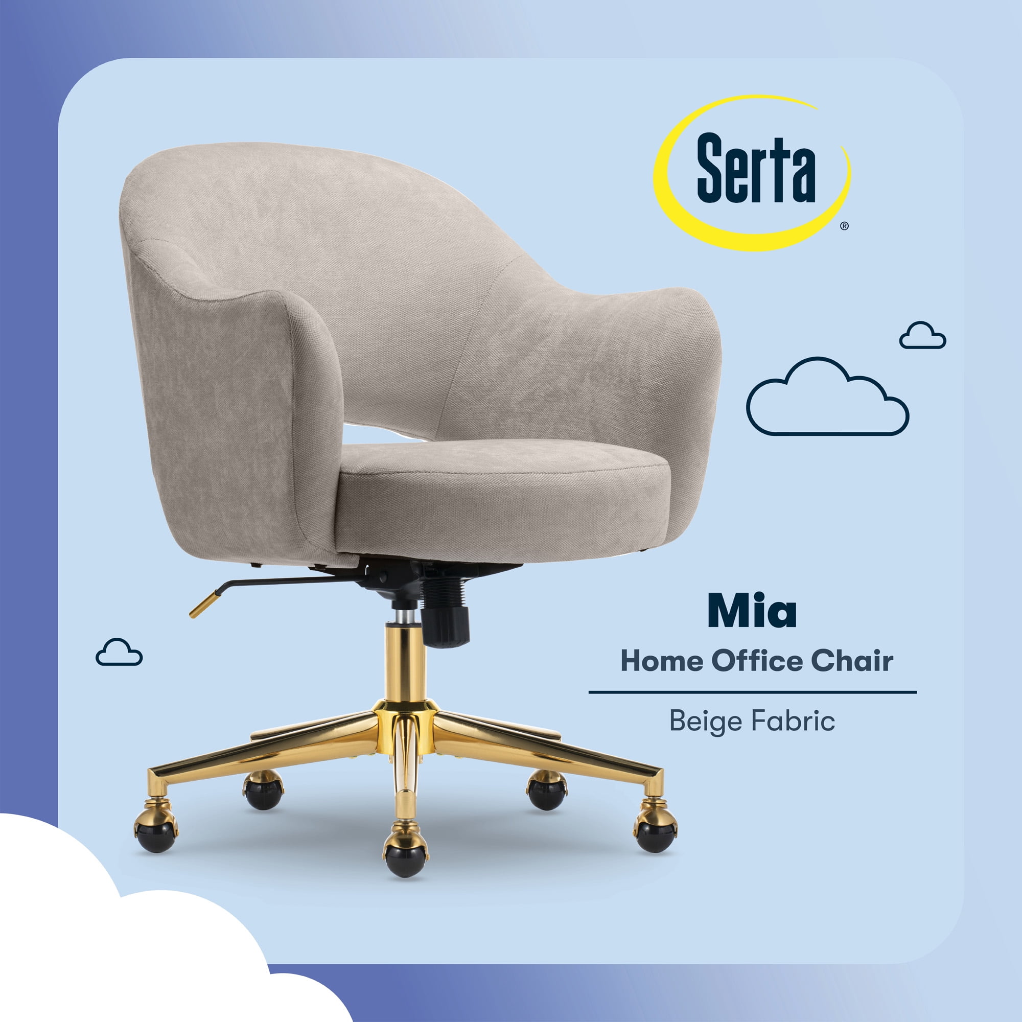 Serta Mia Modern Office Chair Velvet Upholstered Swivel Gold Metal Base Beige