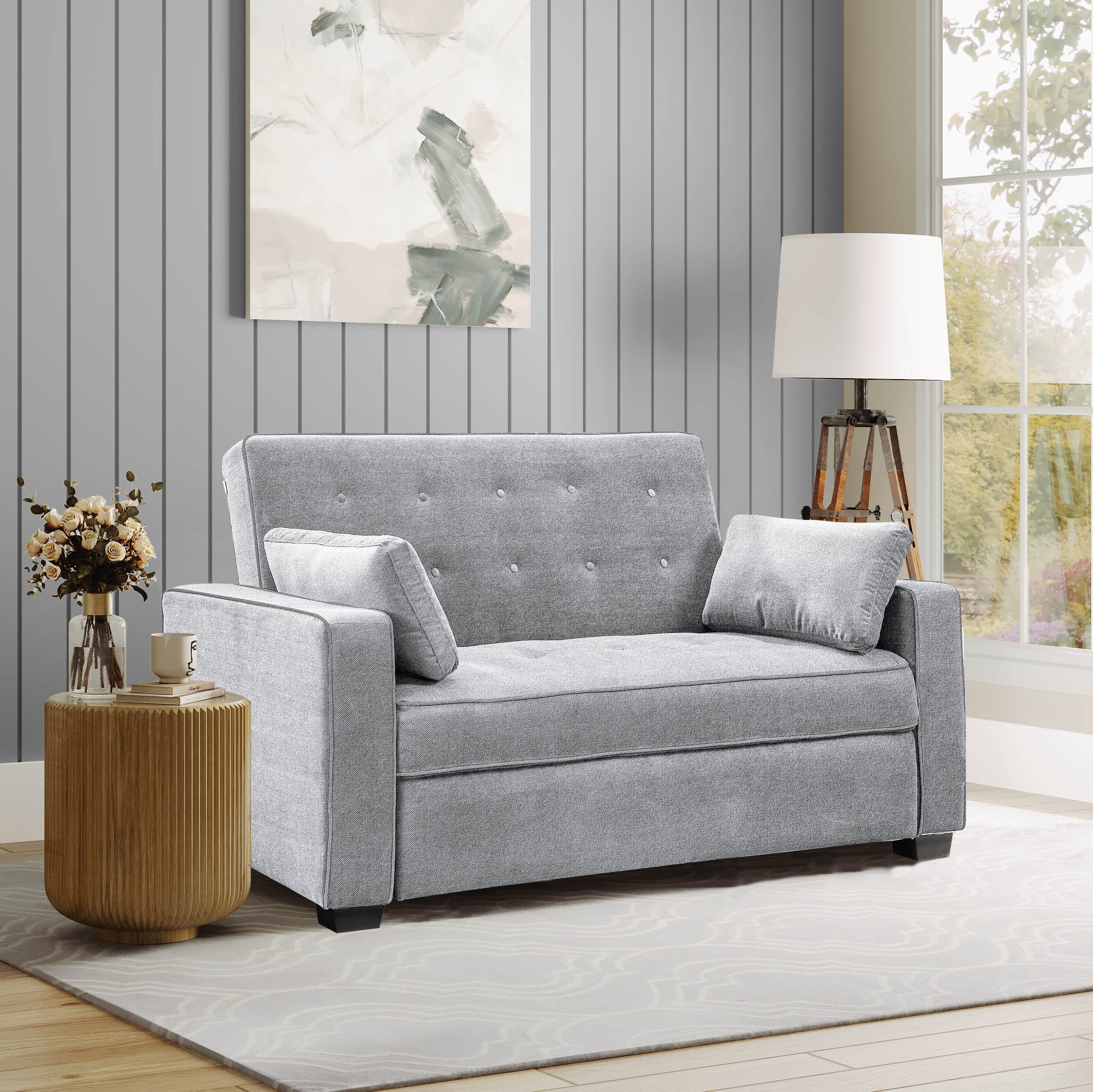 Light Gray Tufted Microfiber Convertible Loveseat Sofa