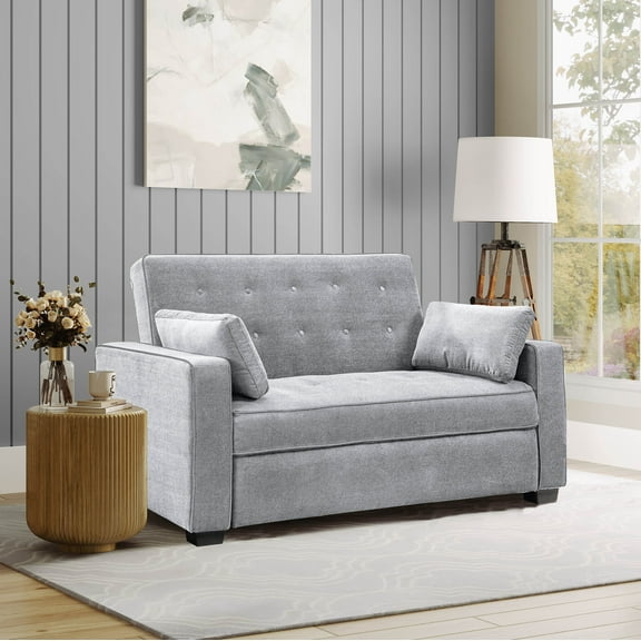 Serta Monroe Modern Convertible Loveseat with Full Size Sleeper, Light Gray Woven Fabric