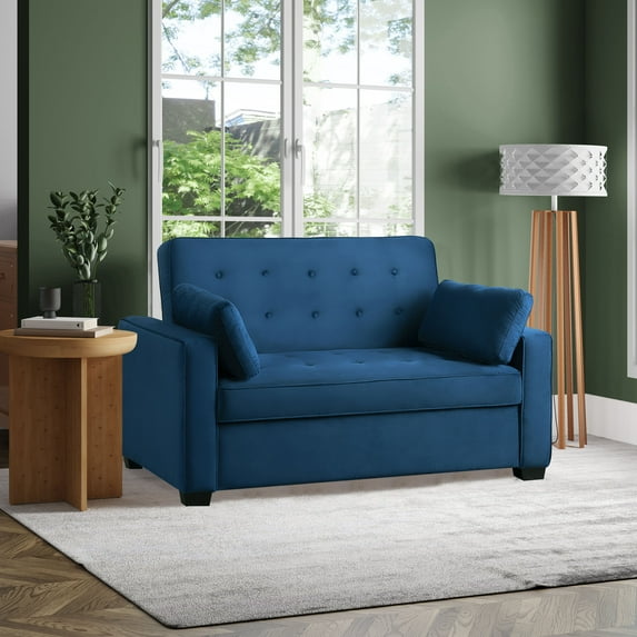 Serta Monroe Modern Convertible Loveseat with Full Size Sleeper, Navy Blue Woven Fabric