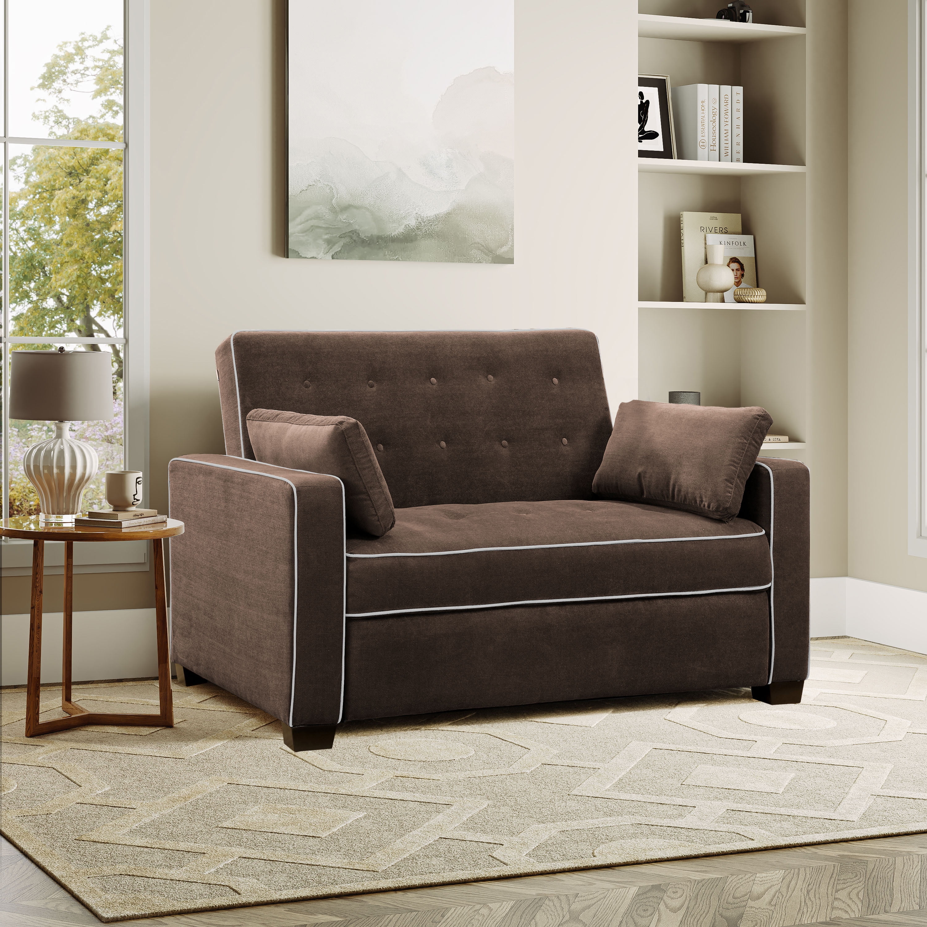 Java Brown Tufted Microfiber Queen Sleeper Sofa with Wood Frame