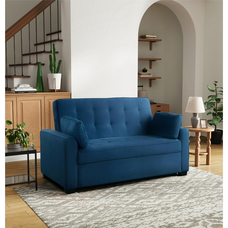 Serta Monroe Modern Convertible Sofa with Queen Size Sleeper Navy Blue Woven Fabric Walmart