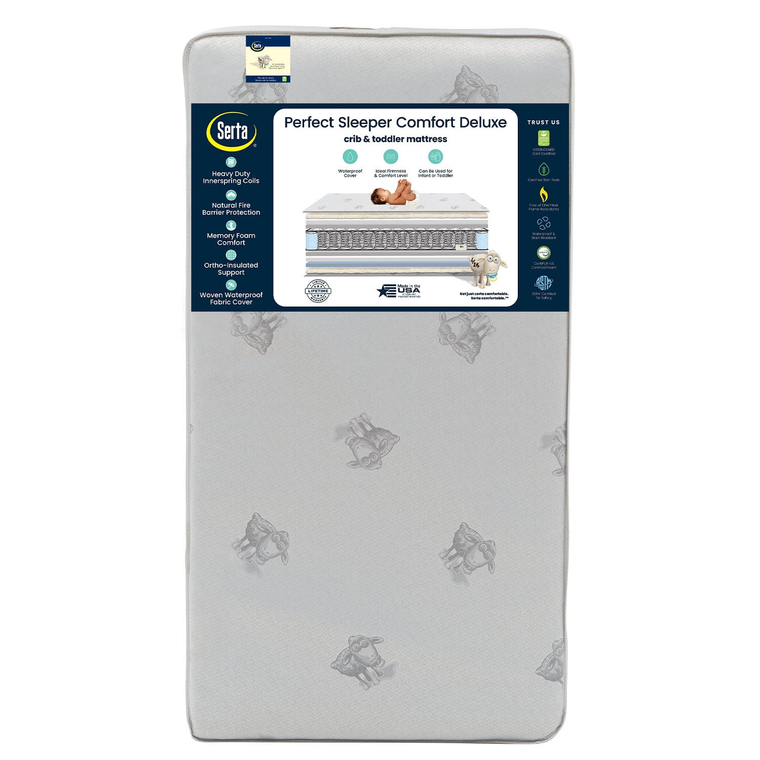 Serta Perfect Sleeper Comfort Deluxe 2- Stage Crib and Toddler Mattress - 220 Inerlocking Coils - GREENGUARD Gold Certified - CertiPUR-US - Made in USA- Lifetime Warranty