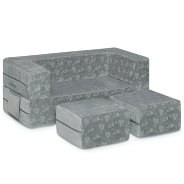 Serta Perfect Sleeper Convertible Sofa and Play Set – Modular Foam Couch and Flip Out Lounger with 2 Ottomans, Grey