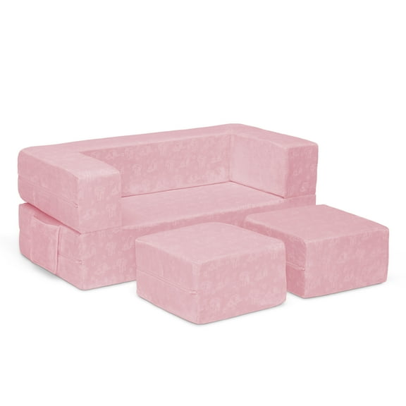 Serta Perfect Sleeper Convertible Sofa and Play Set – Modular Foam Couch and Flip Out Lounger with 2 Ottomans, Pink