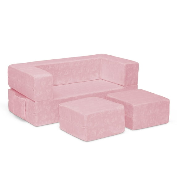 Serta Perfect Sleeper Convertible Sofa and Play Set – Modular Foam Couch and Flip Out Lounger with 2 Ottomans, Pink