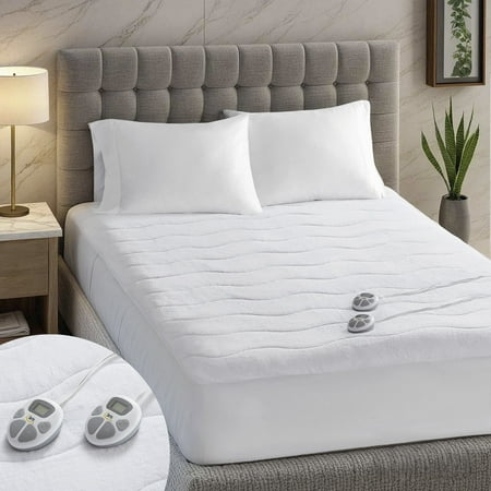 Serta Plush Twin XL Top Heated Plush Electric Mattress Pad, Auto Shut Off Ultra-Soft Waterproof Heating Mattress Protector with Dual Controller and 10 Heat Settings White