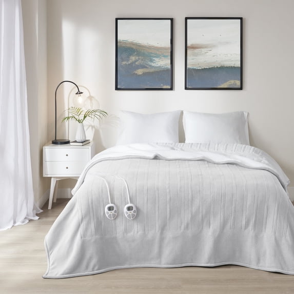 Serta Polyester Fleece to Sherpa Heated Blanket in Light Grey Finish ST54-0138