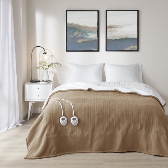 Serta Polyester Fleece to Sherpa Heated Blanket with Brown Finish ST54-0134