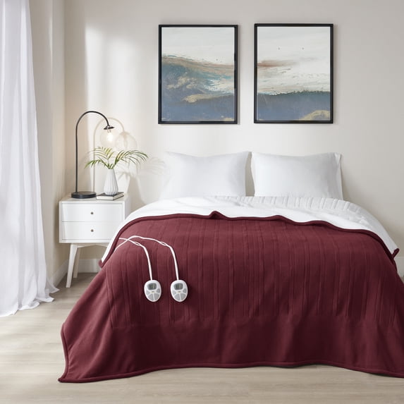 Serta Polyester Fleece to Sherpa Heated Blanket with Burgundy Finish ST54-0144