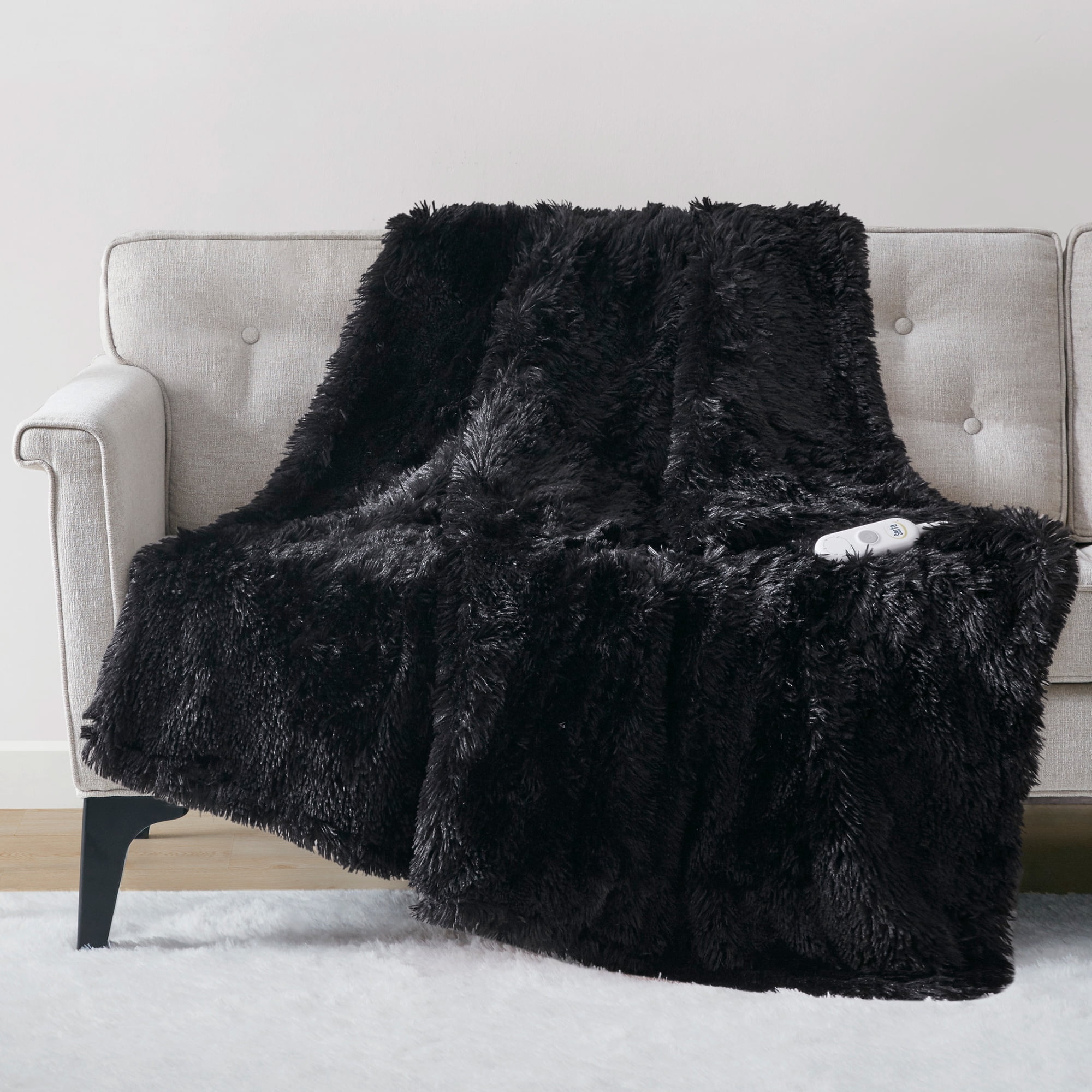 Luxurious Black Shaggy Faux Fur Reversible Electric Heated Throw