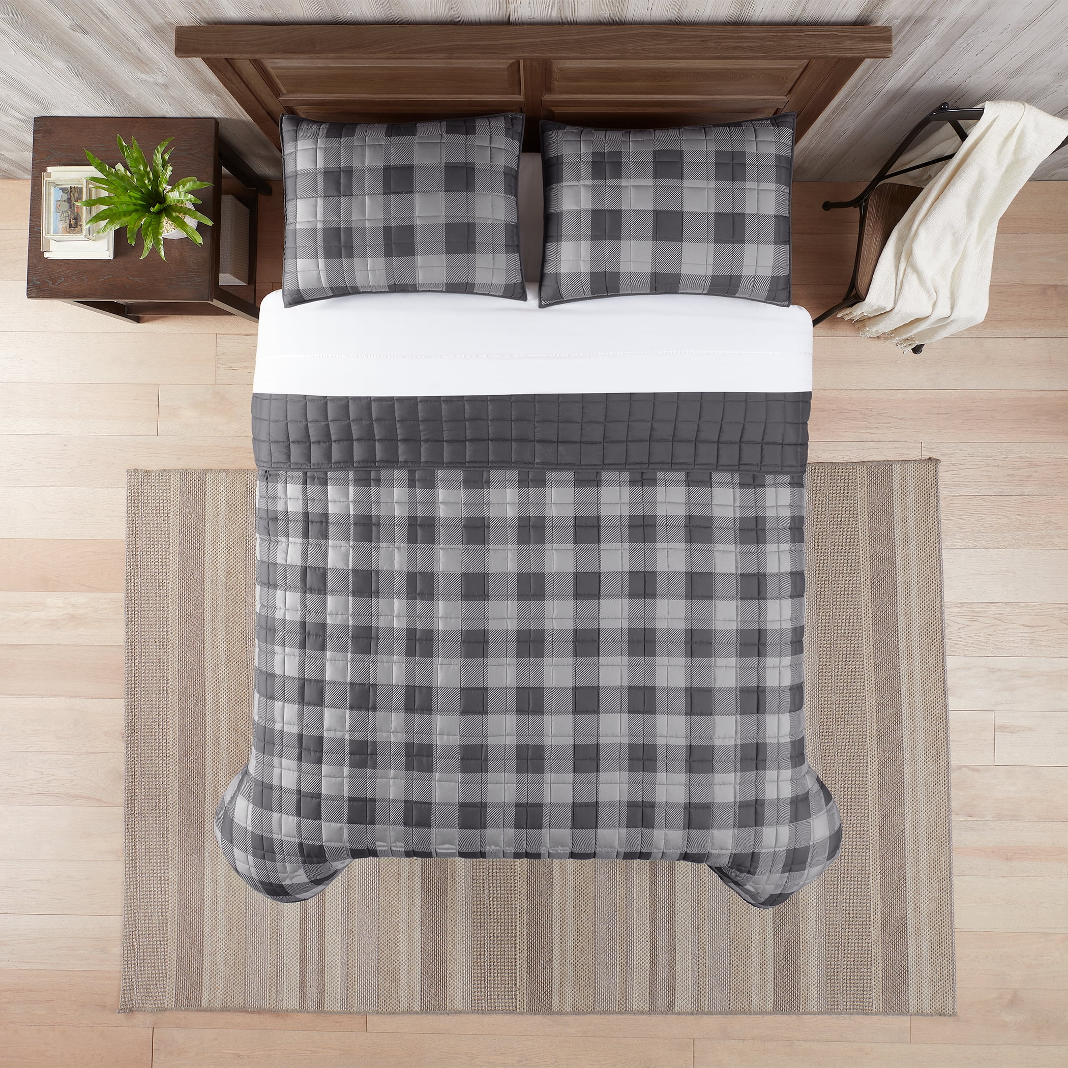 Serta Simply Comfort Alex Grey Buffalo Check Plaid Printed Quilt Set, Full/Queen (3-Piece)