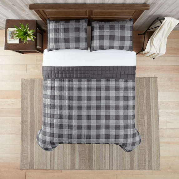 Serta Simply Comfort Alex Grey Buffalo Check Plaid Printed Quilt Set, King (3-Piece)