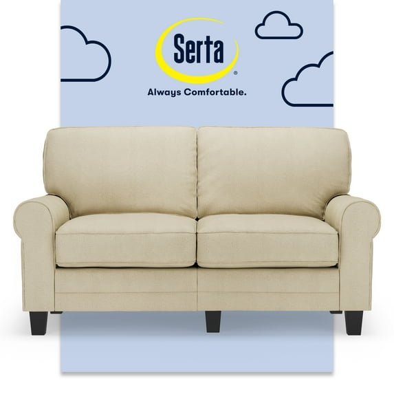 Serta Copenhagen 61" Rolled Arm Sofa, Easy Care Polyester, Loveseat or Couch for Small Spaces, Beige