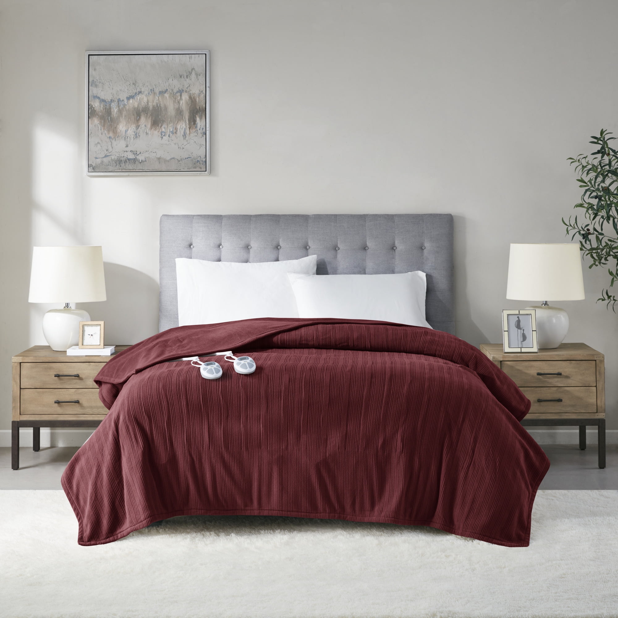 Serta Ribbed Micro Fleece Heated Blanket, Full, Burgundy