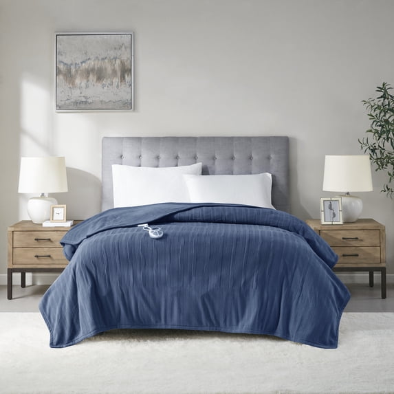 Serta Ribbed Micro Fleece Heated Blanket, Twin, Navy