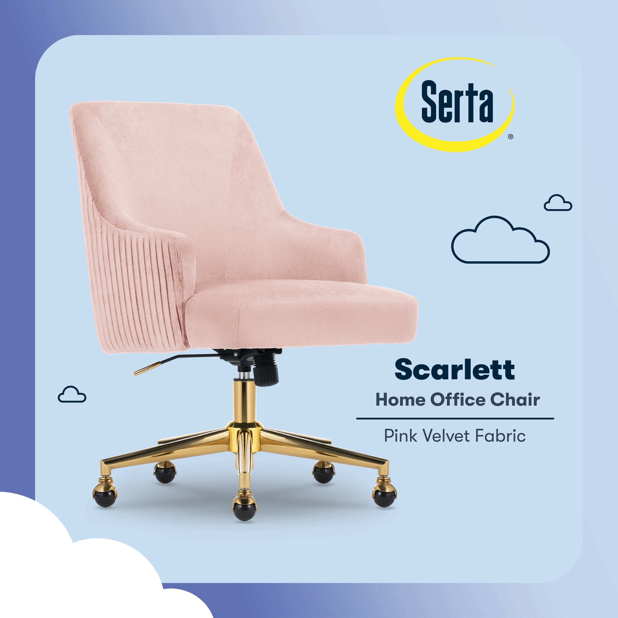 Serta Scarlett Modern Mid-Back Office Chair Velvet Fabric Gold Metal Base Pink