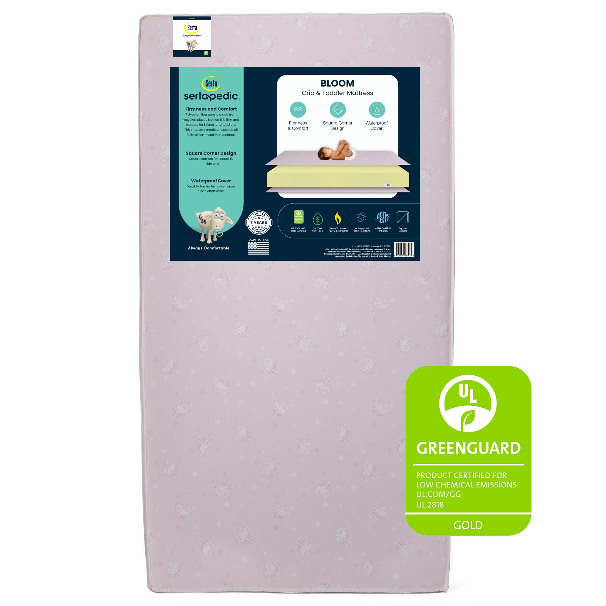 Serta Sertapedic Bloom 5-inch Dual Sided Standard Baby Crib and Toddler Mattress - Recycled Fiber Core - Waterproof - Lightweight - GREENGUARD Gold Certified (Natural/Non-Toxic) - 5 Year Warranty
