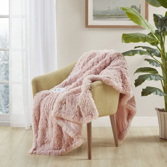 Serta Shaggy Faux Fur Electric Throw 1-Piece Fast Heating Heated Blanket in Sweet pink, 50x60"