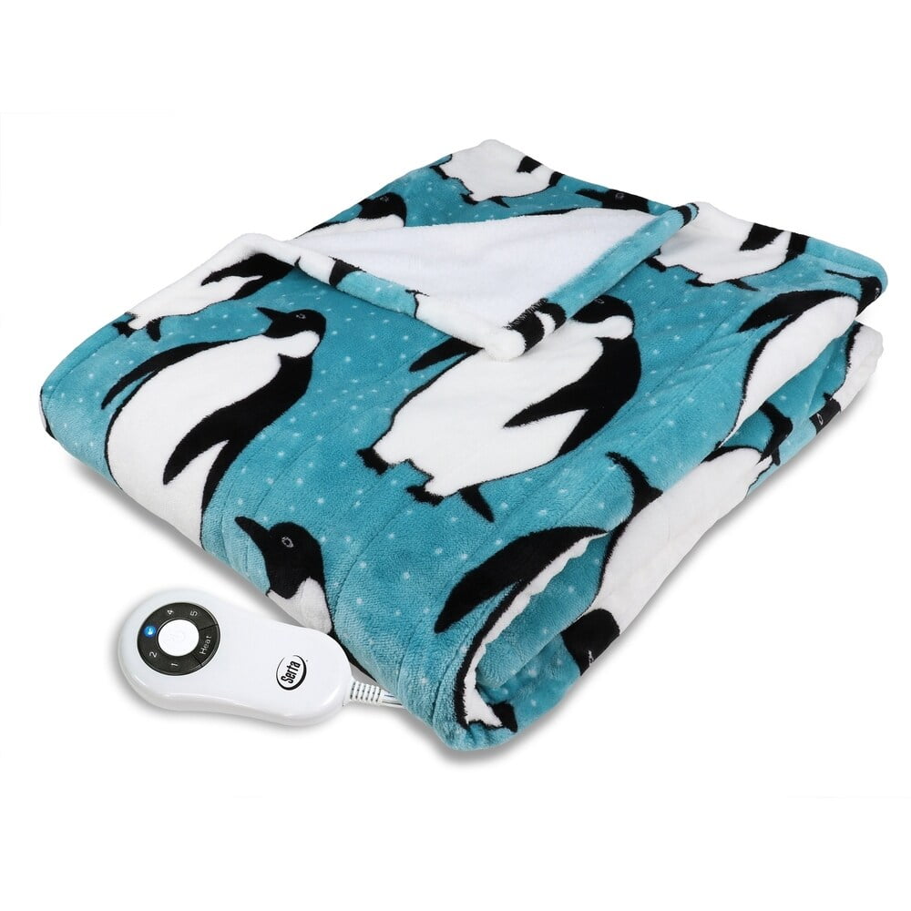 Serta Shiny Sherpa Electric Heated Warming Throw Blanket Penguin Teal