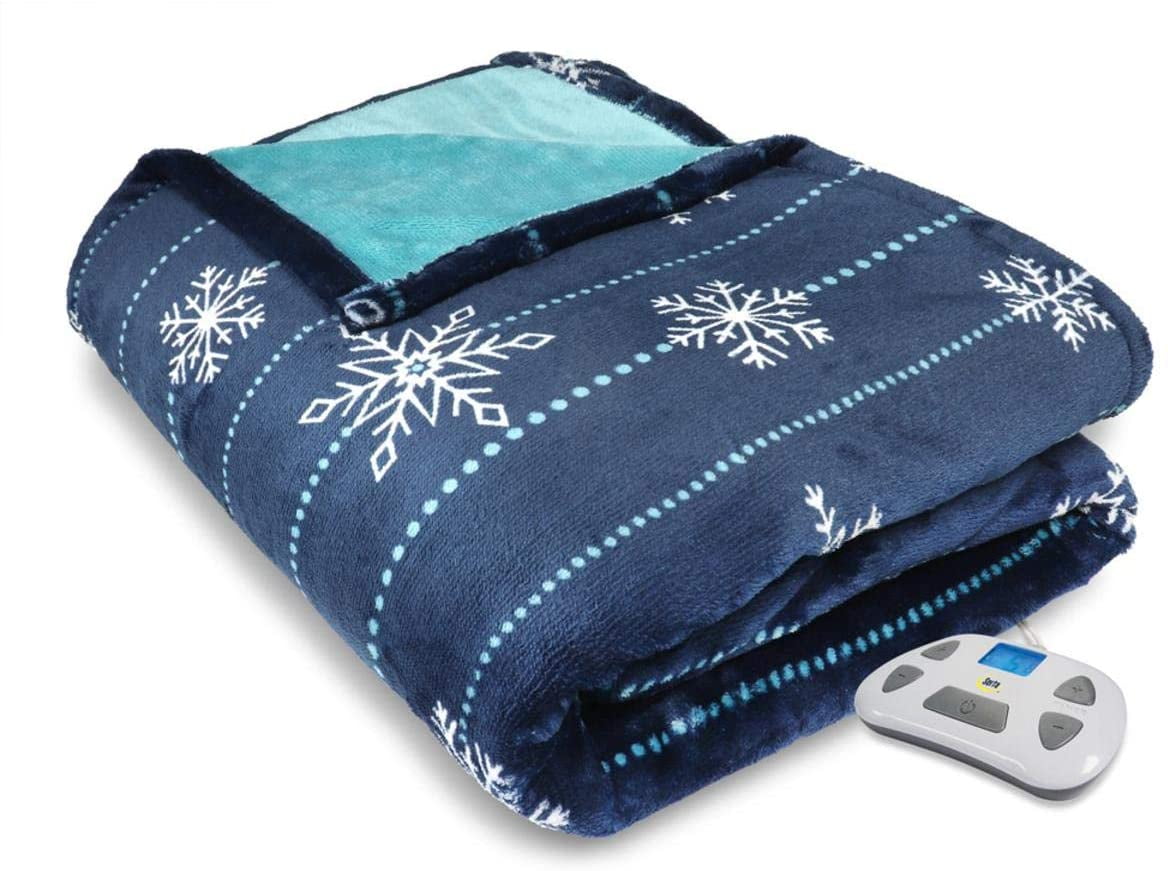 Serta Silky Plush Electric Heated Warming Blanket King Snowflake Navy