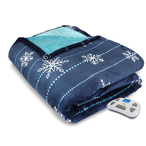 Serta Silky Plush Electric Heated Warming Blanket King Snowflake Navy