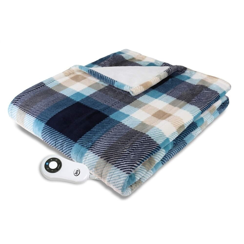 Serta Silky Plush Electric Heated Warming Throw Blanket Plaid Blue