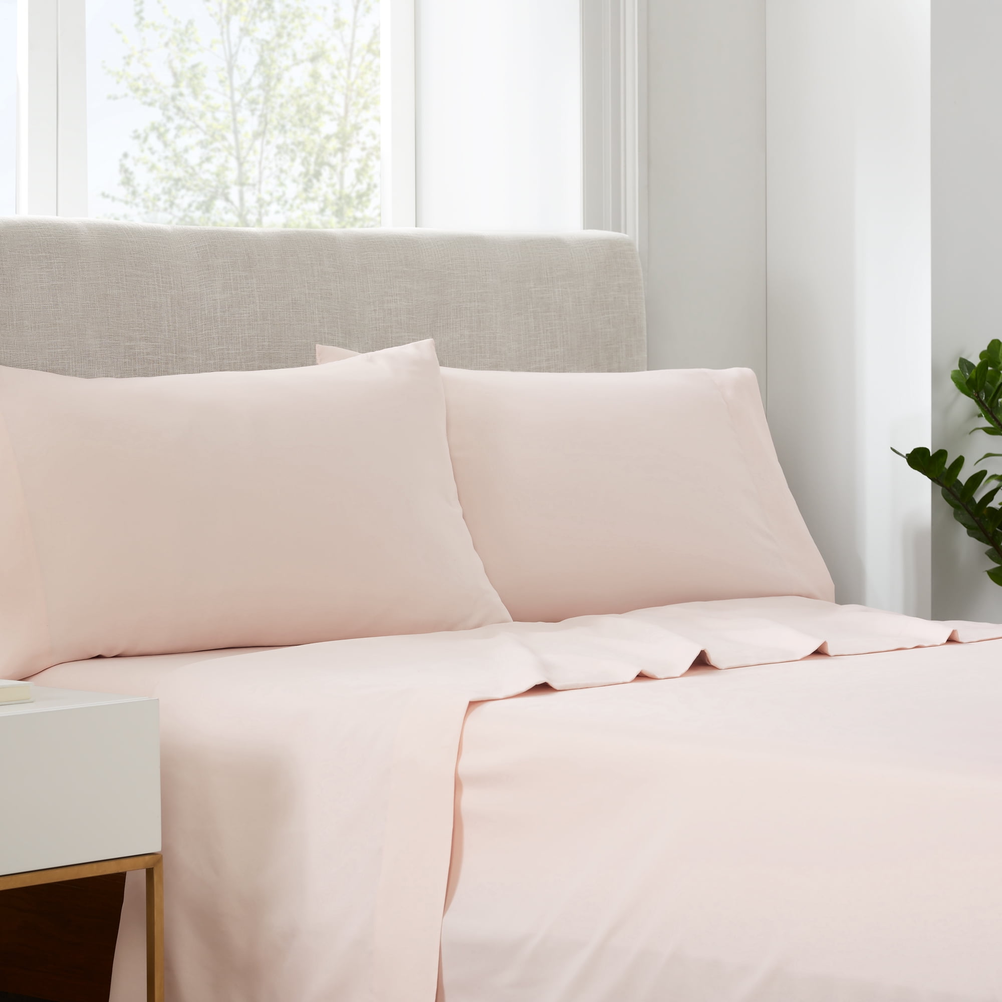 Serta Simply Clean 3-Piece Antimicrobial Solid Bed Sheet Set, Twin, Blush Pink