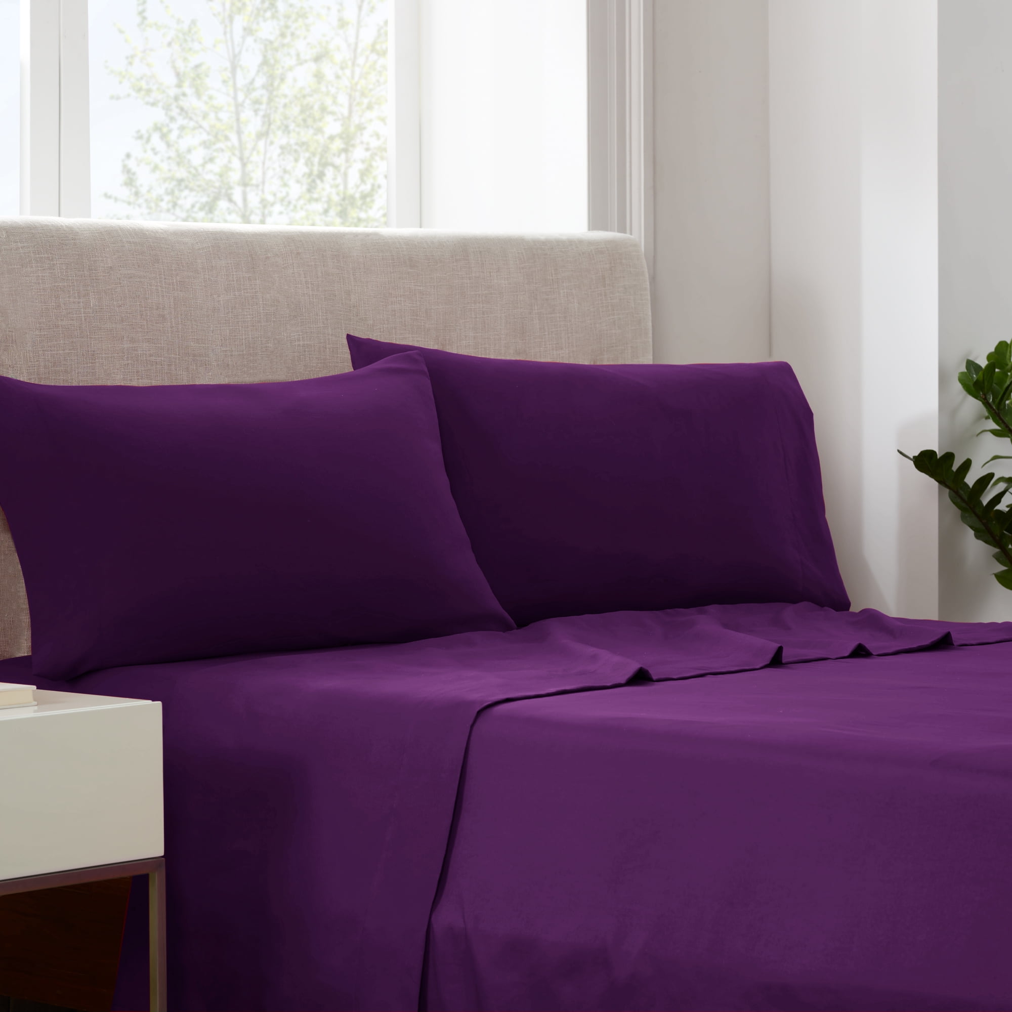 Serta Simply Clean 3-Piece Antimicrobial Solid Bed Sheet Set, Twin, Purple