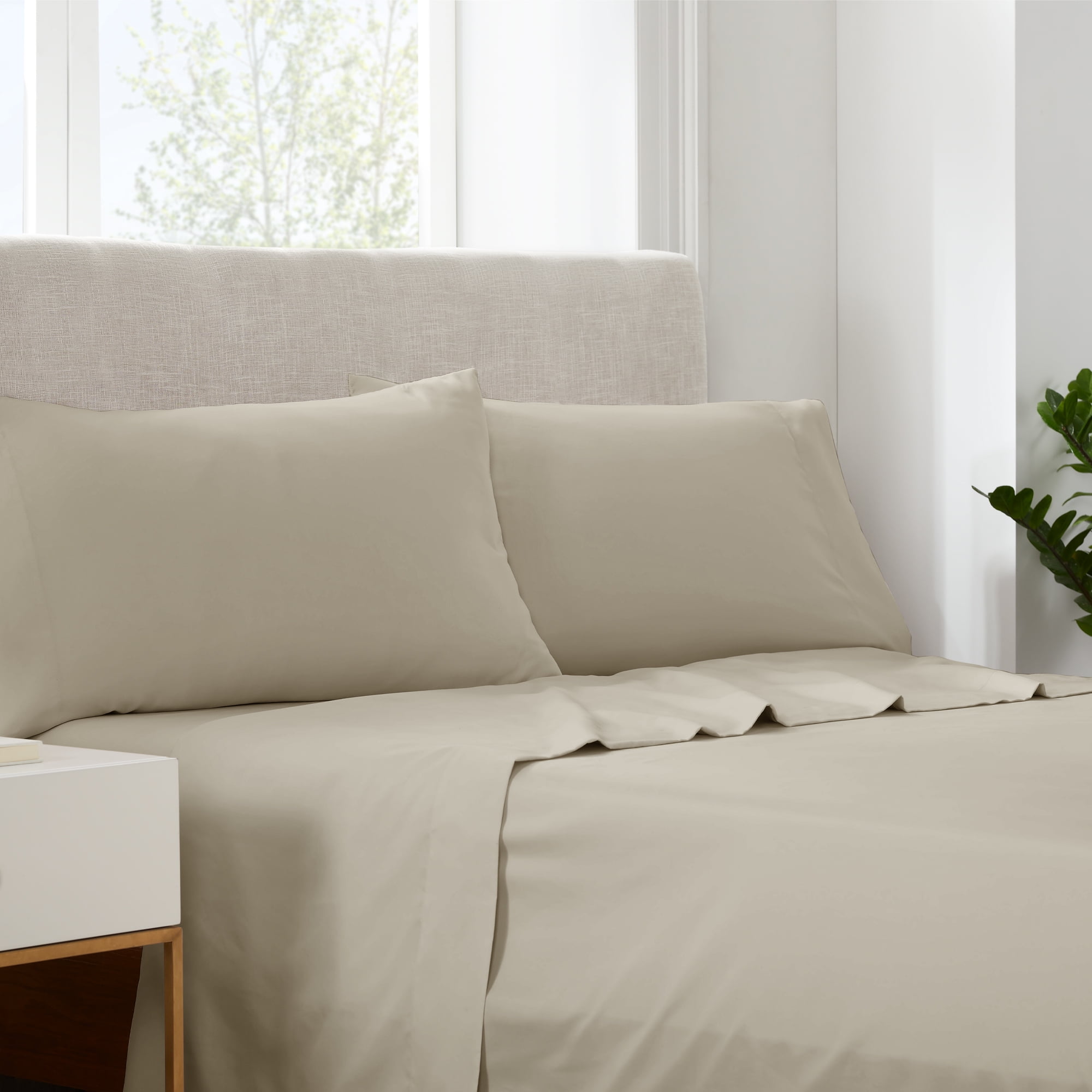 Serta Simply Clean 3-Piece Antimicrobial Solid Bed Sheet Set, Twin-XL, Beige