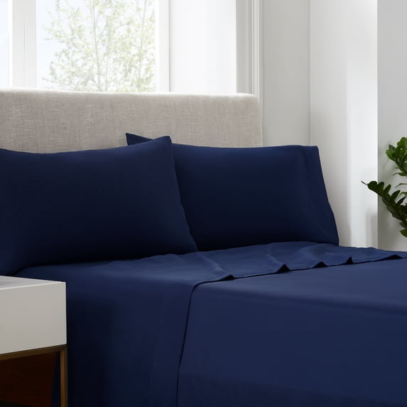 Serta Simply Clean 3-Piece Navy Solid Bed Sheet Set, Twin-XL