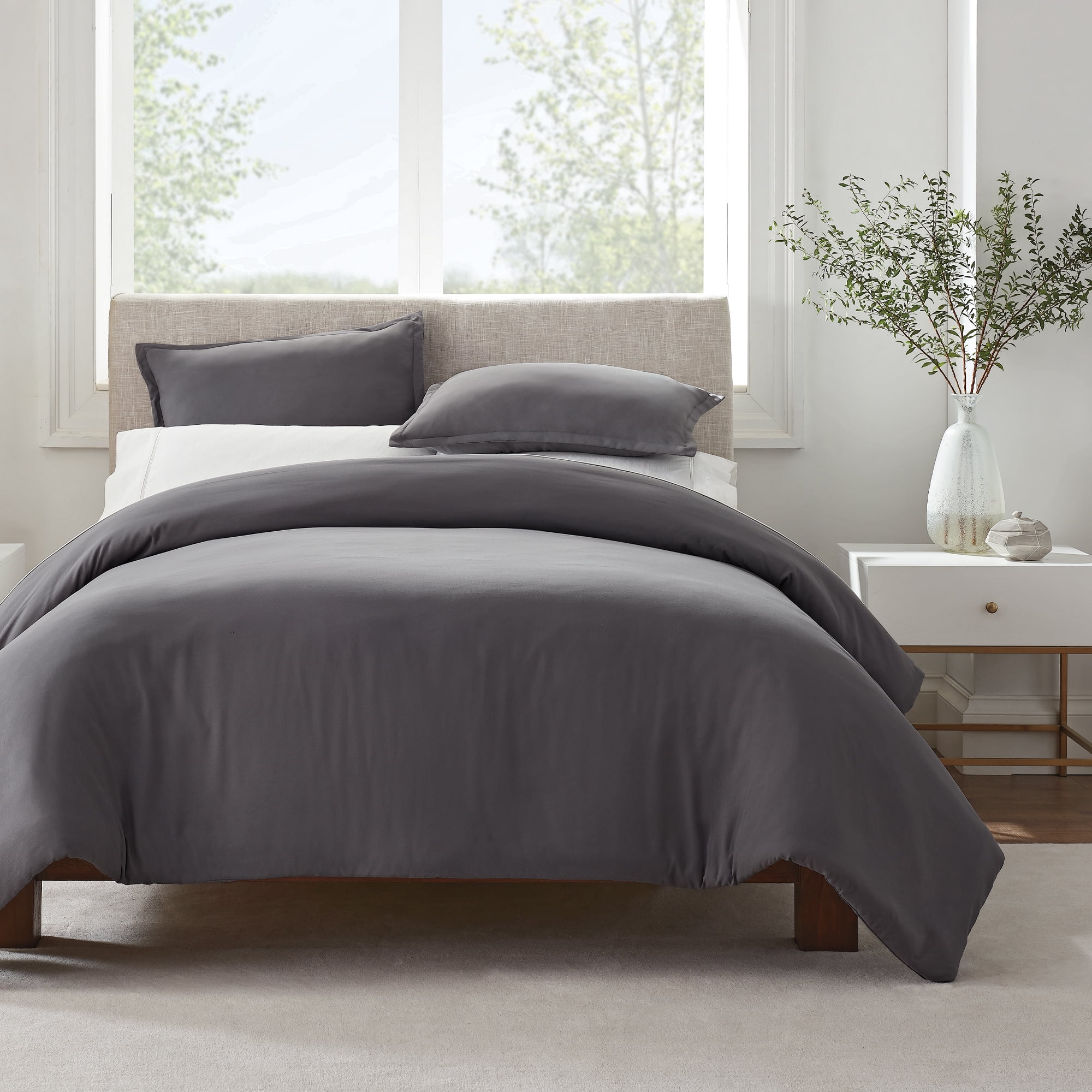 Serta Simply Clean Antimicrobial Solid 3 Piece Duvet Set, Grey, Full/Queen, Gray