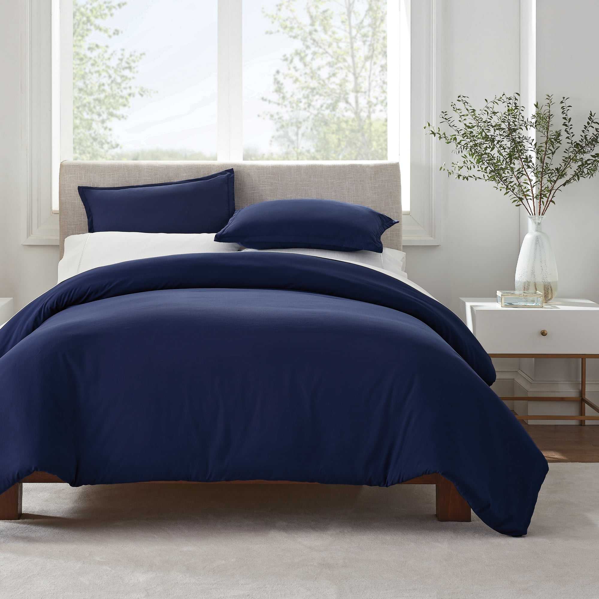 Serta Simply Clean 3-Piece Solid Duvet Set, Navy, Full/Queen