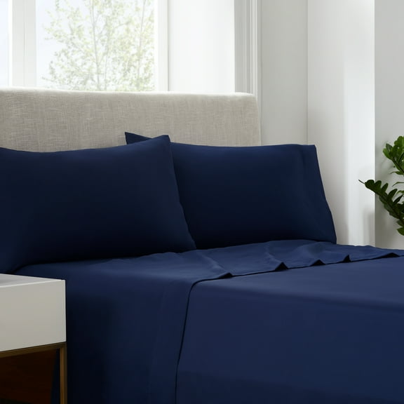 Serta Simply Clean 4-Piece Antimicrobial Solid Bed Sheet Set, King, Navy